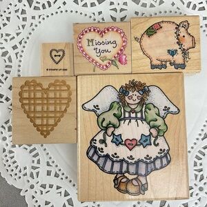 Vintage country folk angel patchwork pig scalloped hearts rubber stamps